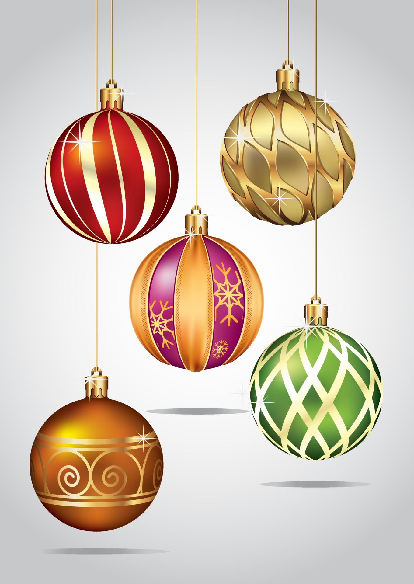 Christmas ornaments hanging on gold thread. Vector illustration ...