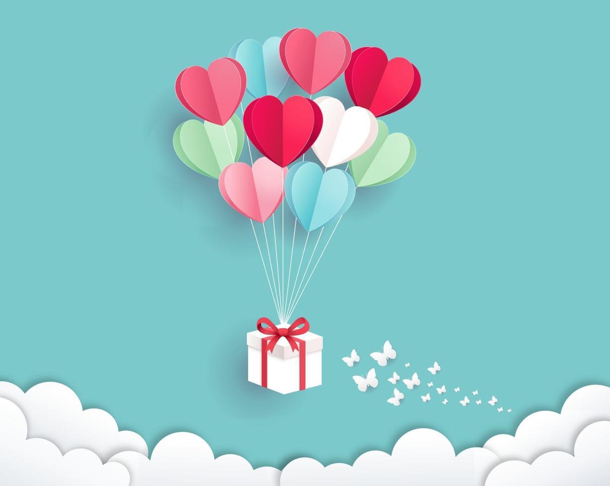 Gift box with balloon on sky paper cut style. Valentines day card background. vector