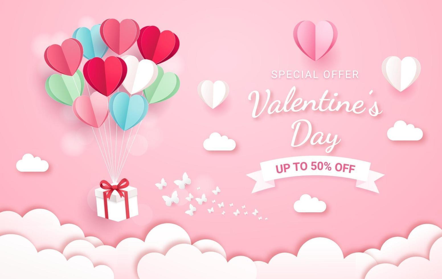 Gift box with balloon on sky paper cut style. Valentines day card background. vector