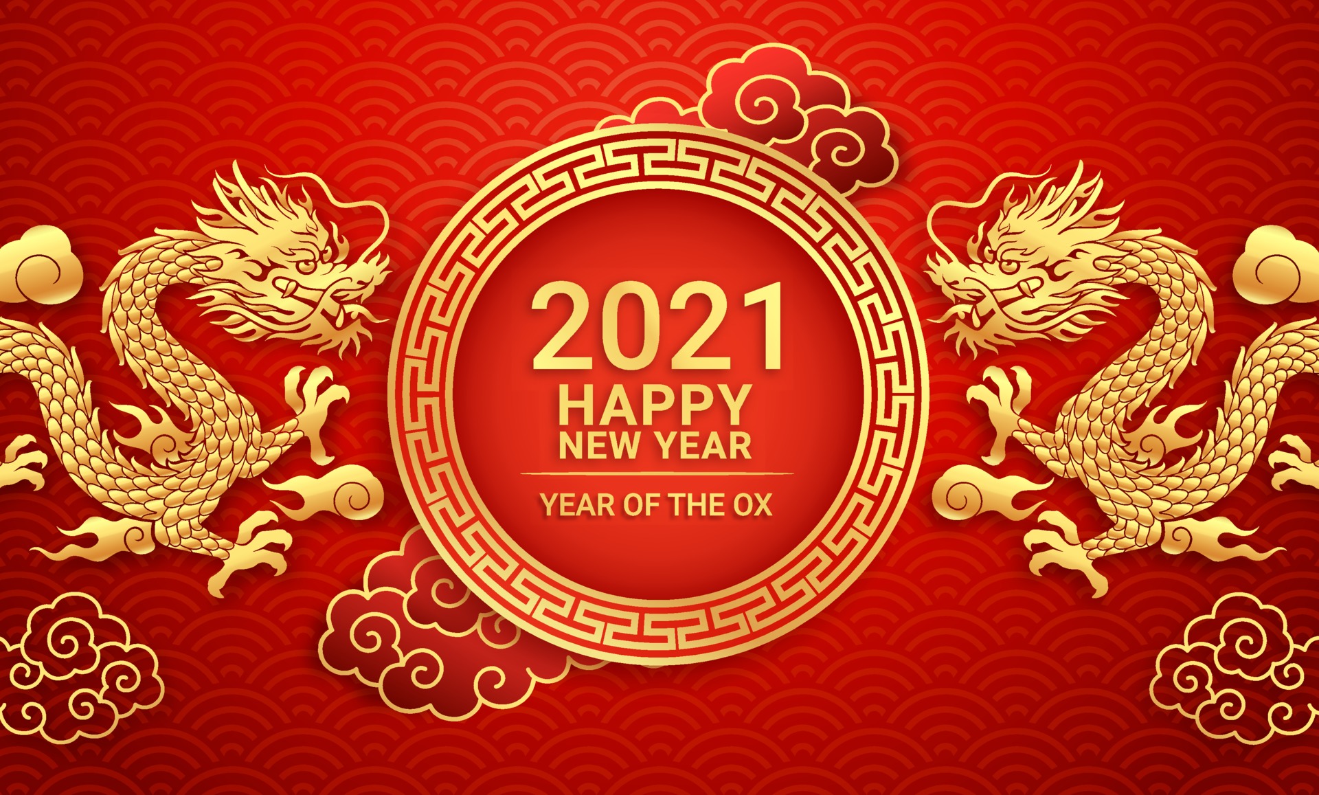 Chinese new year 2021 Golden dragon on greeting card background. Vector