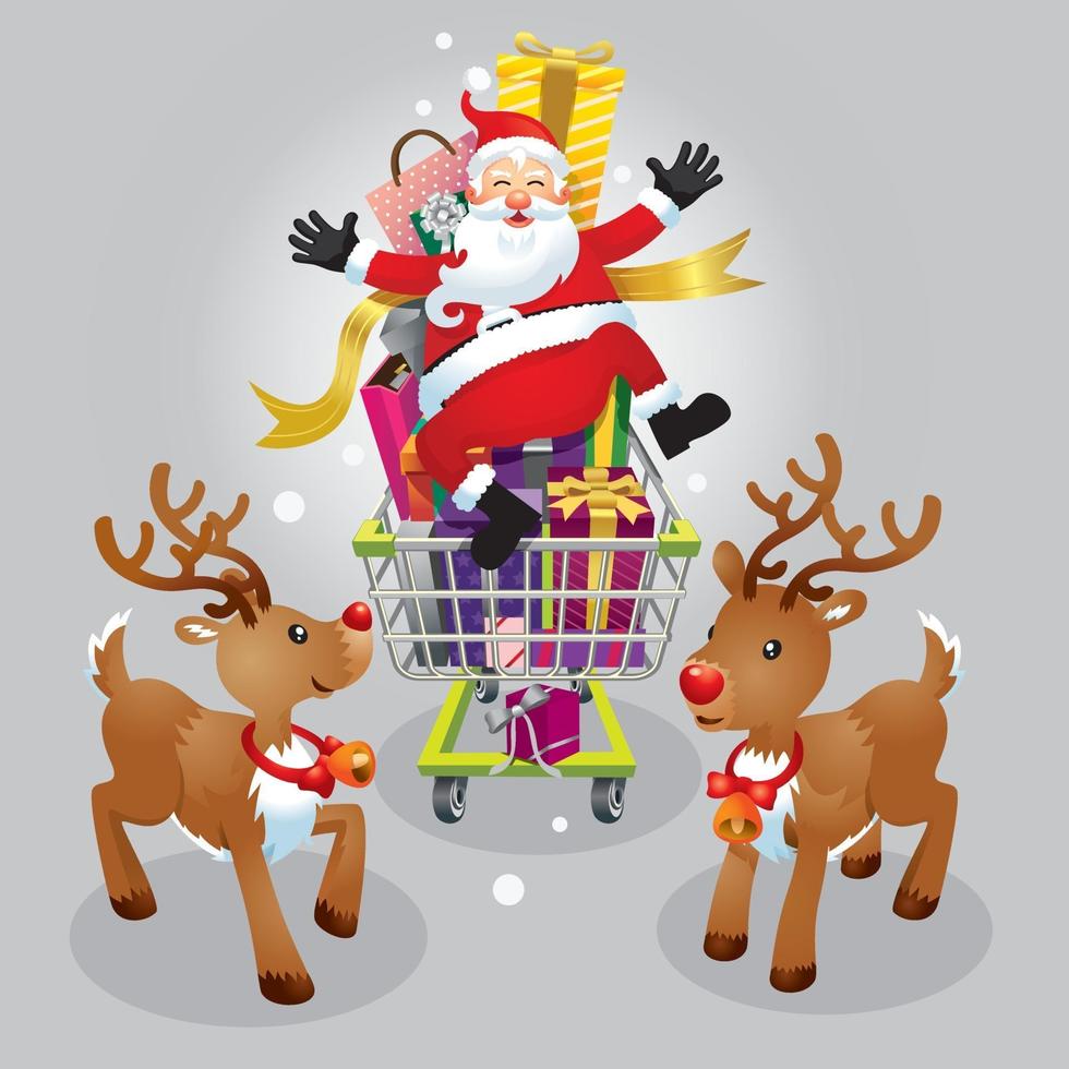 santa claus y dos renos de compras navideñas. vector