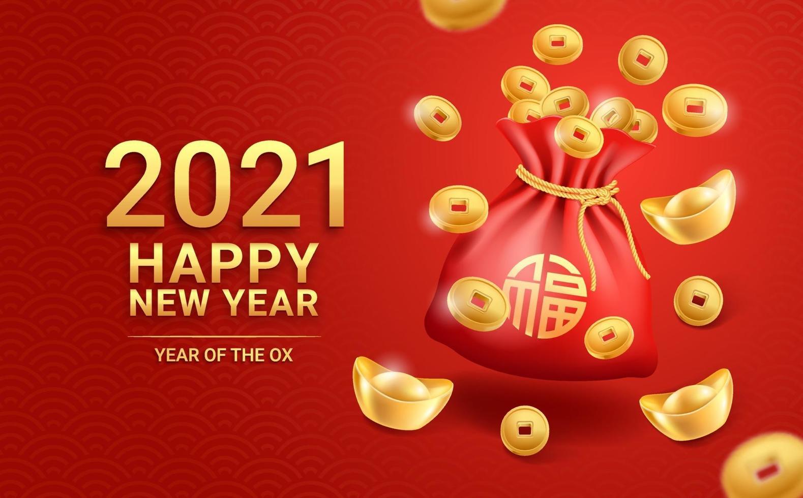 Chinese new year 2021 gold ingot golden coins and red bag on greeting card background. Vector illustrations.