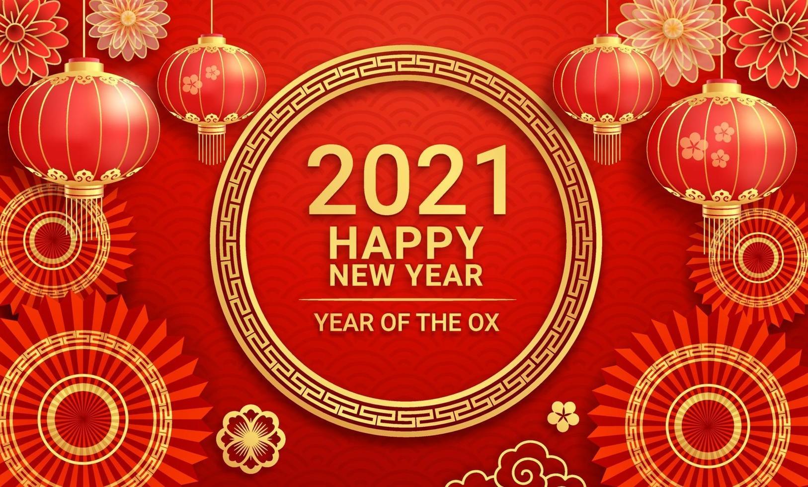 Chinese new year 2021 Paper lanterns and flower on greeting card background the year of the ox. Vector illustrations.