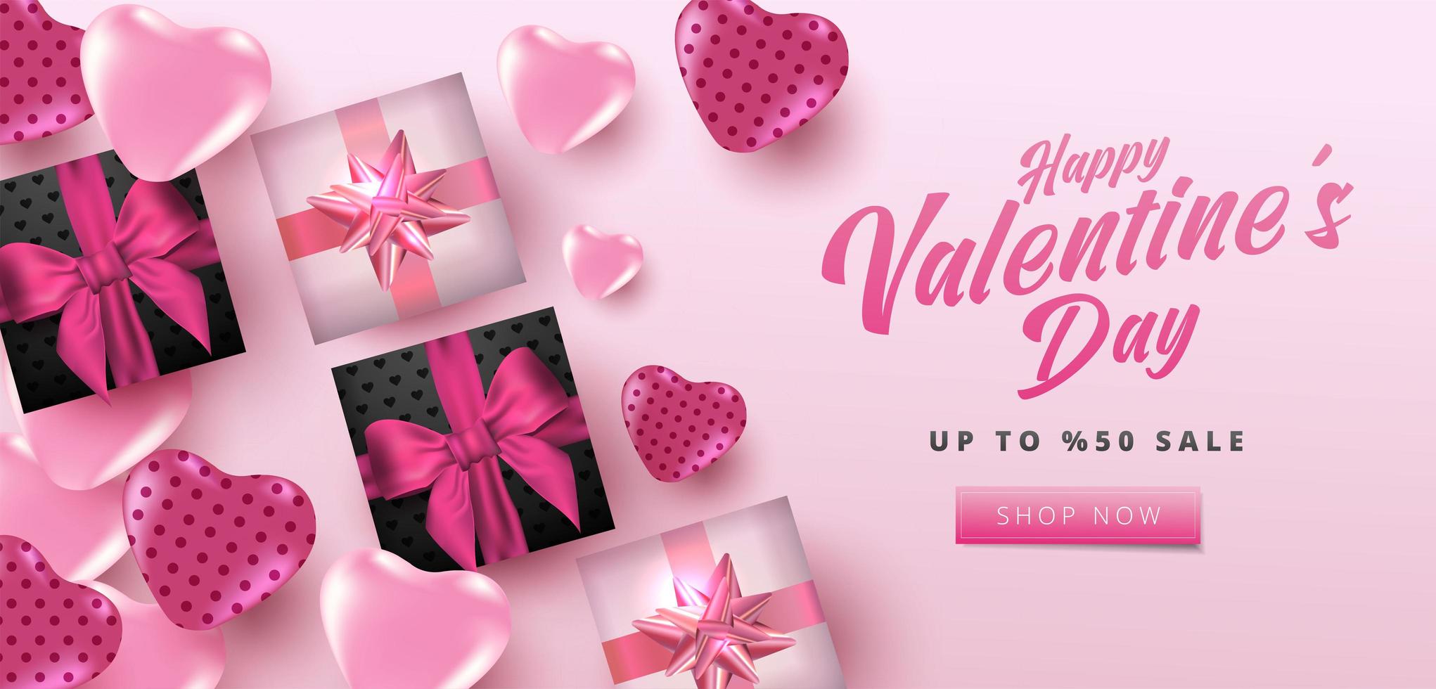 Venta de San Valentín 50 de descuento en póster o pancarta con corazones y caja de regalo realista sobre fondo rosa suave. Plantilla de compras y promoción para el diseño de concepto del día de San Valentín. vector