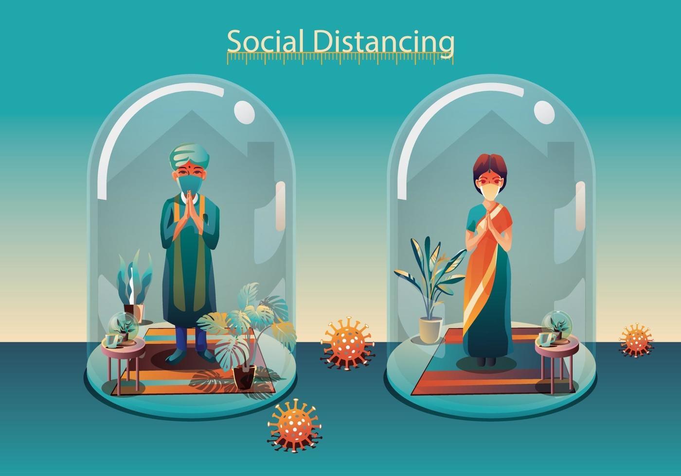 Social distancing, people keep distance and avoid physical contact, handshake or hand touch to protect from COVID-19 coronavirus spreading concept, people are using the INDIA greeting of Namaste vector
