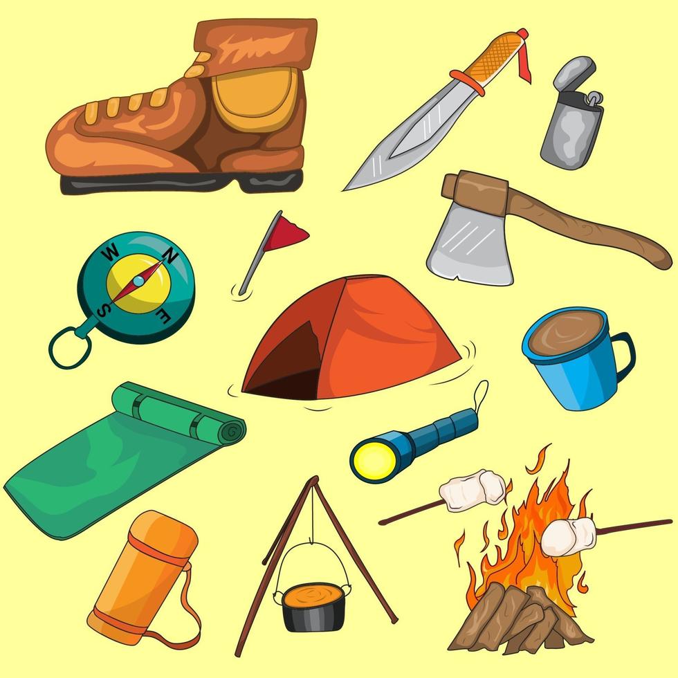 colección de ilustraciones sobre el campamento, que consta de botas, carpas, cuchillos, fogatas, brújulas, hachas, colchonetas, tazas, frascos y otros vector