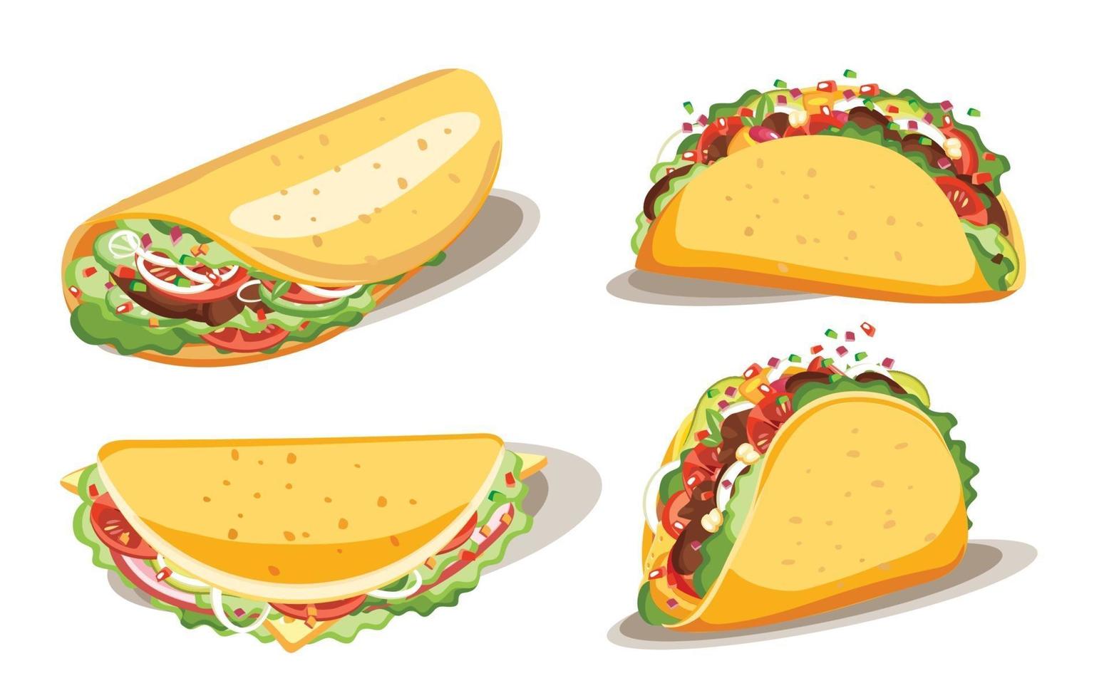 taco y burrito, comida rápida con salsa, comida tradicional mexicana, ilustración vectorial aislada vector