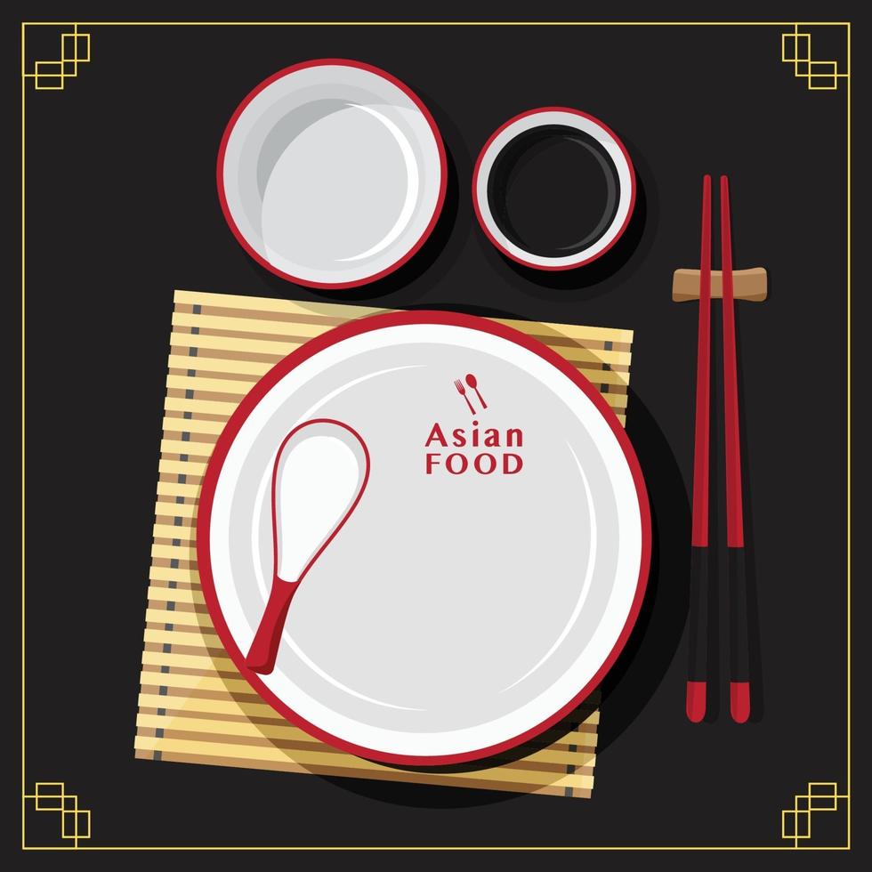 Empty plate set, dining spoon, Asian food, vector illustration