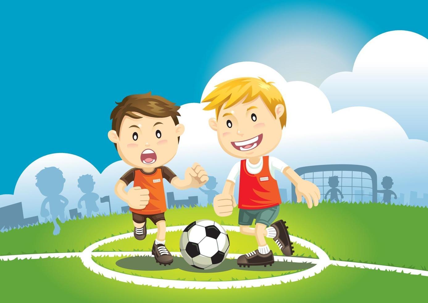 Children playing soccer outdoors. Vector illustration.