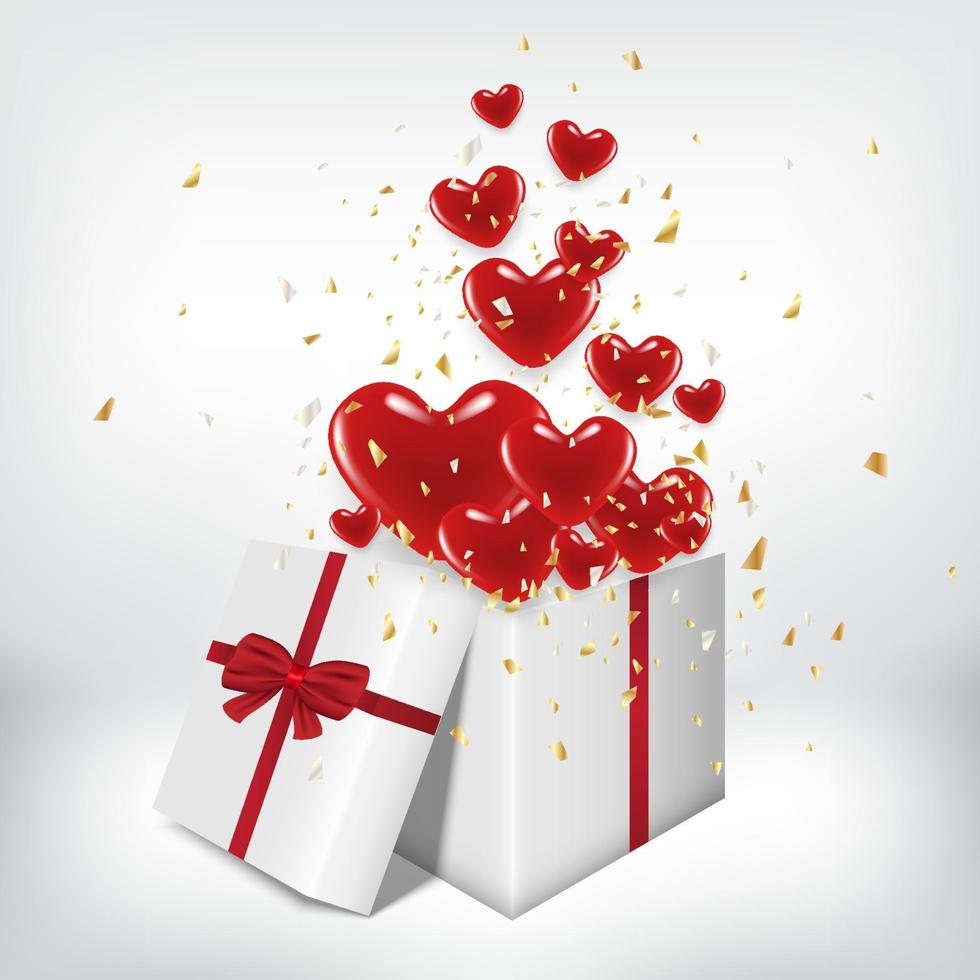 caja de regalo blanca abierta y globos de corazón rojo flotando con el fondo de la habitación gris. El concepto de San Valentín puede ser como saludo o invitación. vector