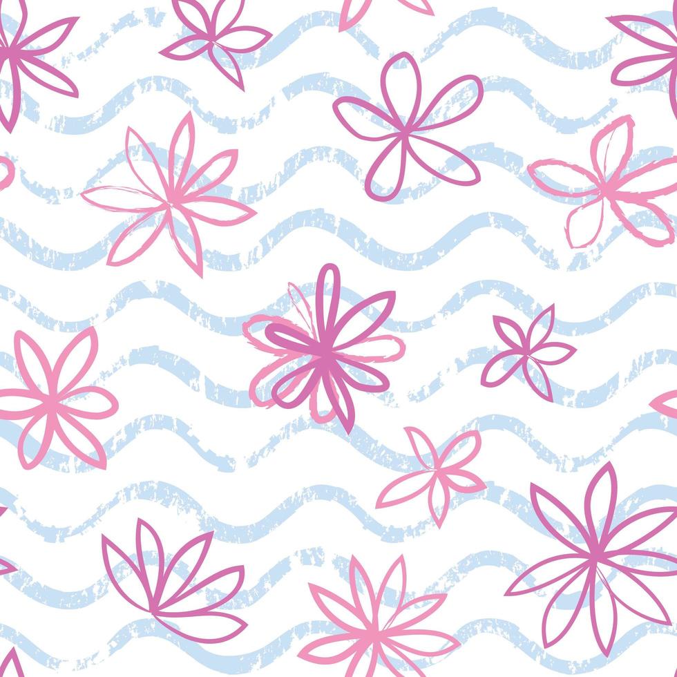 Seamless wave pattern with flowers. Stylish drawn floral backdrop. Abstract textured wavy ornament. vector