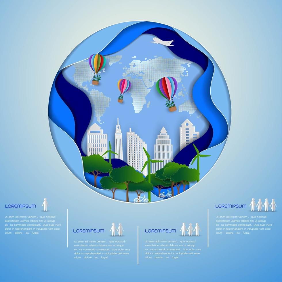 Eco green city on paper art background vector
