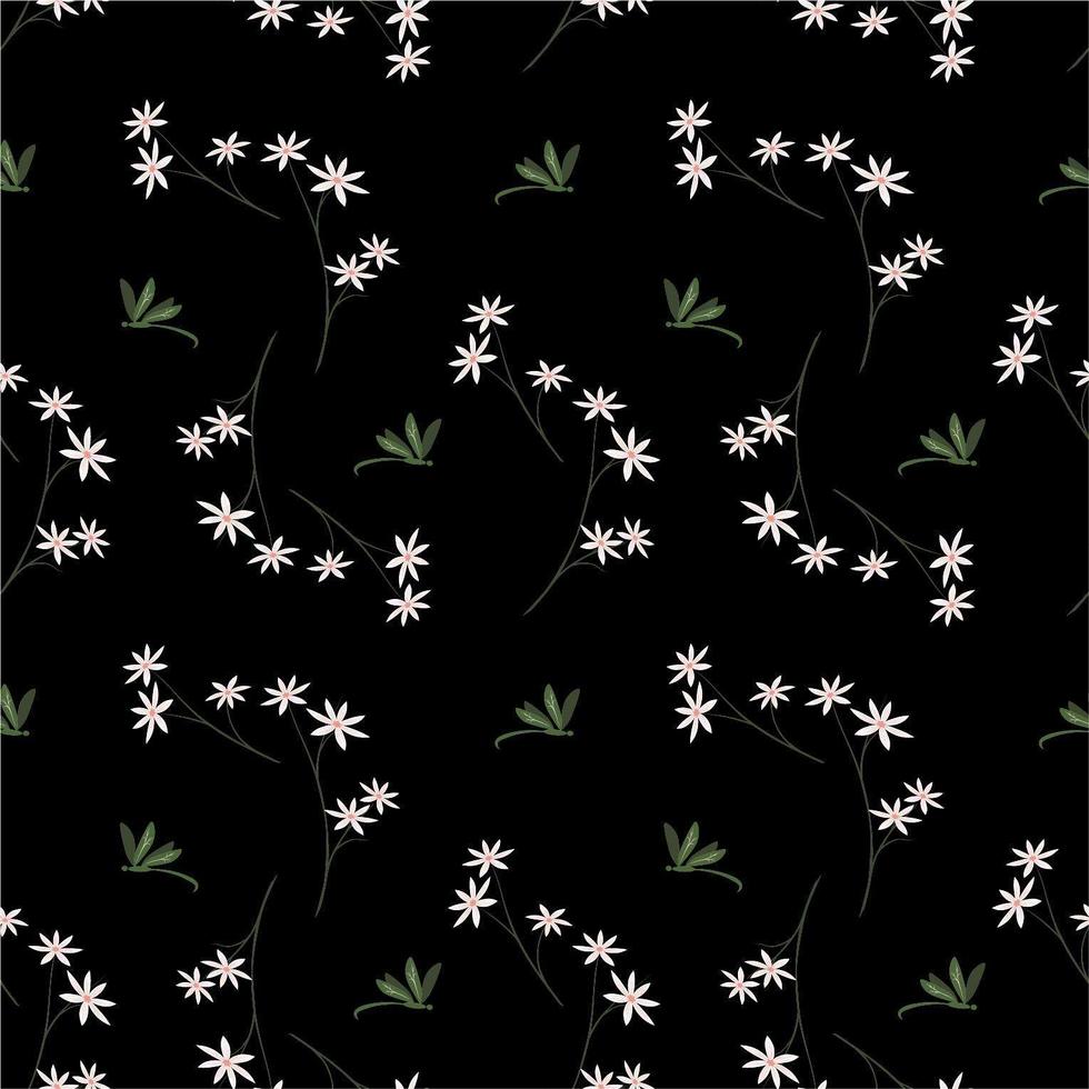 White blooming flowers with dragonflies on dark background vector