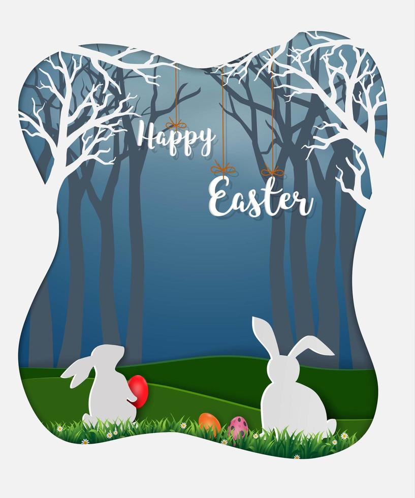 Easter eggs with white rabbits and little daisy in the forest vector