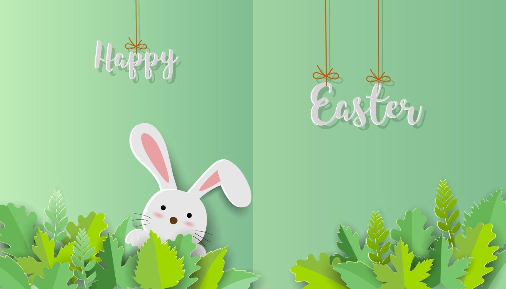 Happy Easter greeting card with cute bunny on paper art background vector