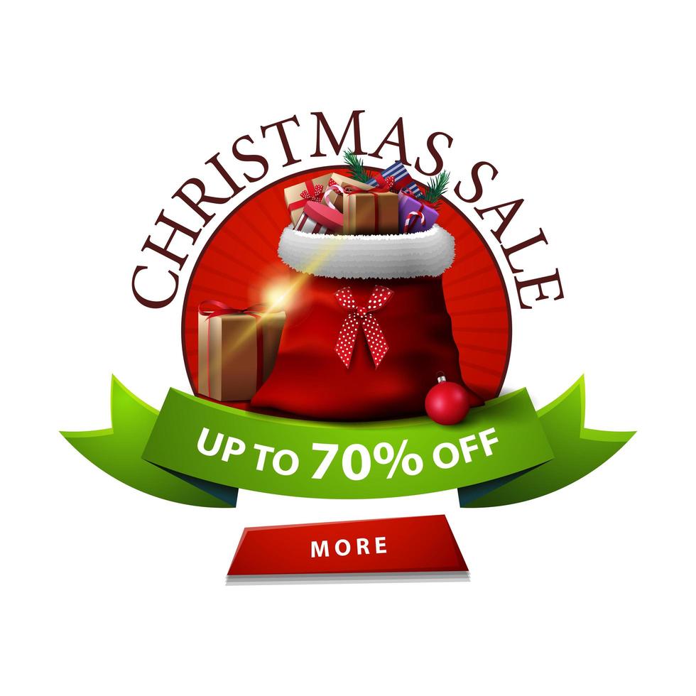 Round Christmas discount banner with Santa Claus bag with gifts. Discount banner with green ribbon and red button isolated on white background vector