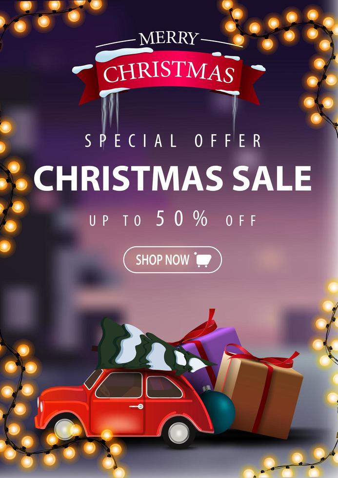 Special offer, Christmas sale, up to 50 off, beautiful discount banner with garland and red vintage car carrying Christmas tree. Vertical discount banner with blurred winter landscape on the background vector