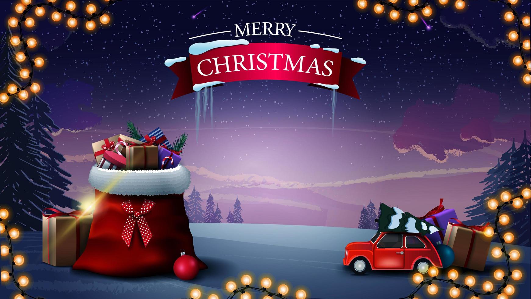 Feliz Navidad. Hermosa postal de felicitación con bolsa de santa claus con regalos, coches antiguos rojos con árbol de navidad y paisaje invernal en el fondo vector