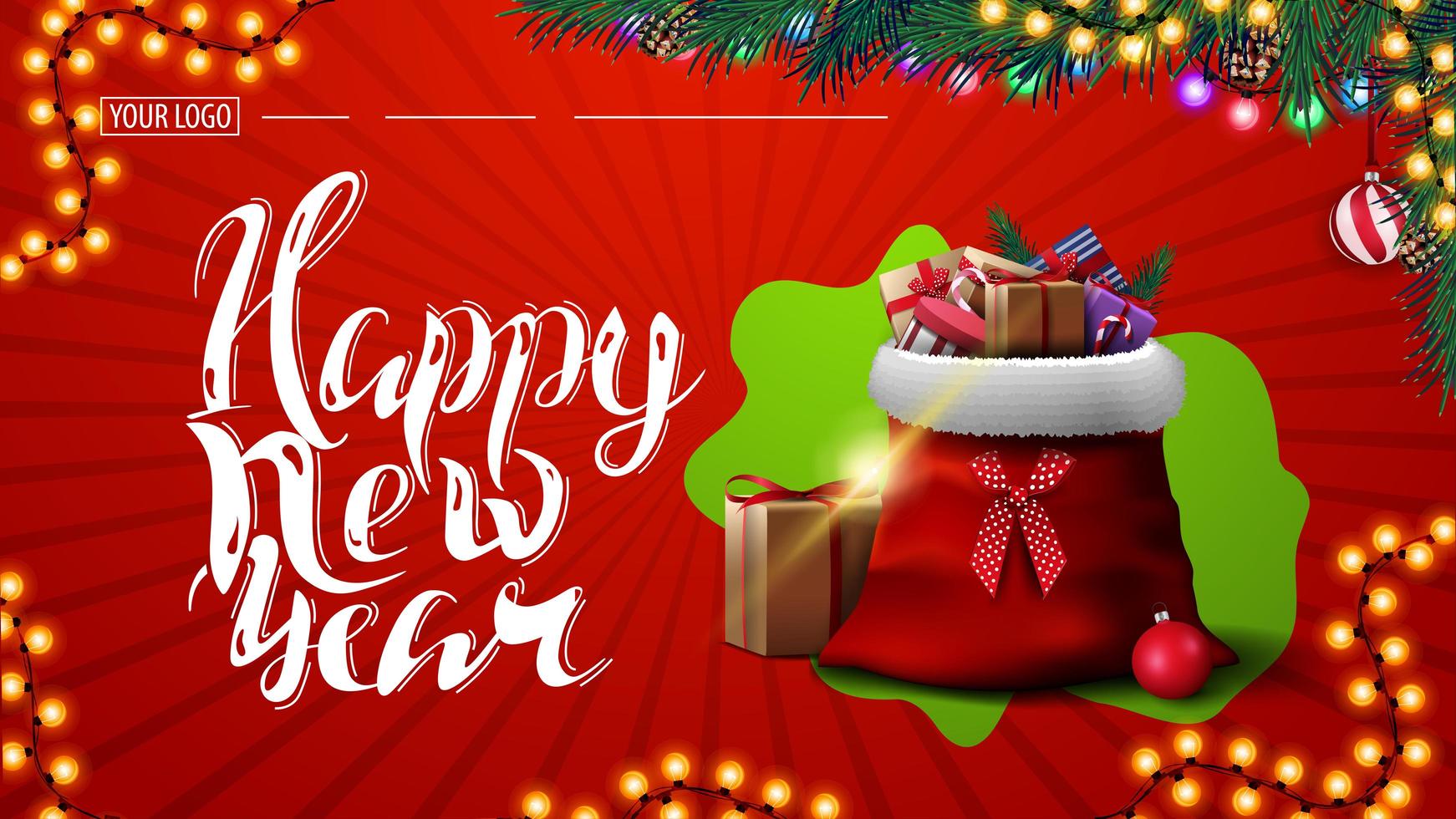 Happy New Year, red postcard with garland, Christmas tree branches and Santa Claus bag with presents vector