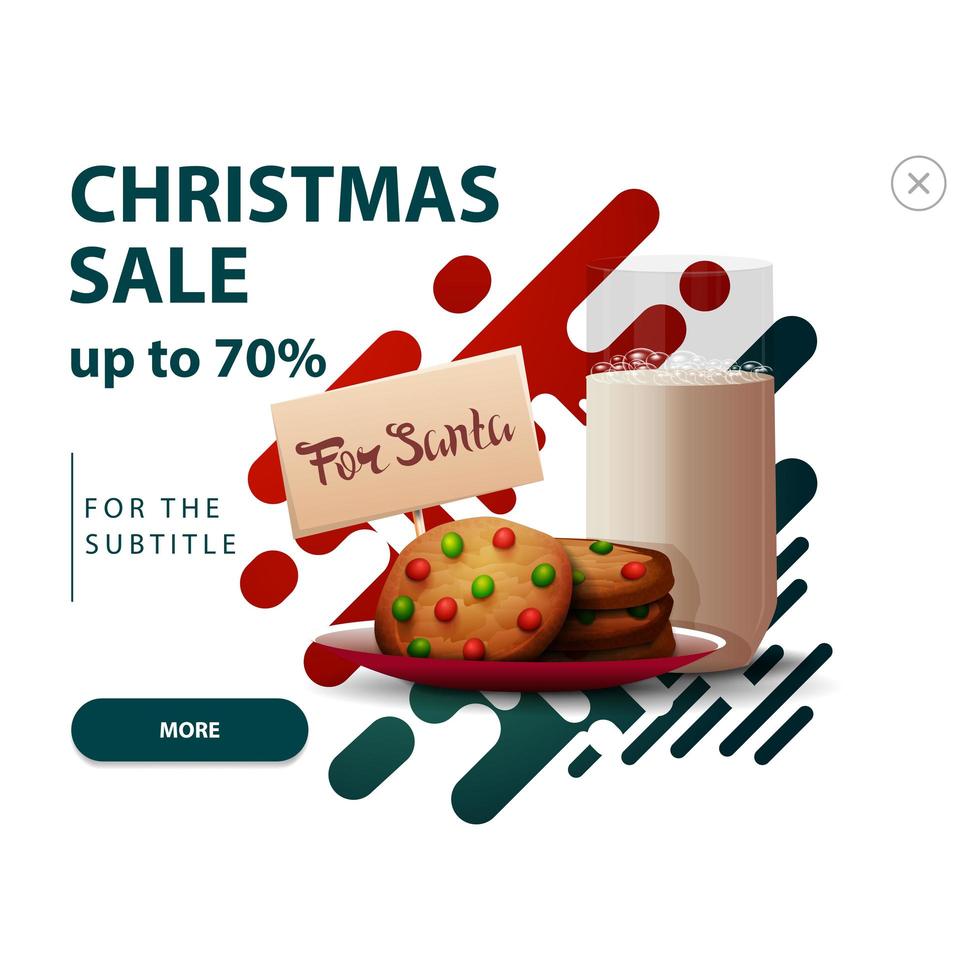 Discount pop up for website with abstract shapes in red and green colors and cookies with a glass of milk for Santa Claus vector