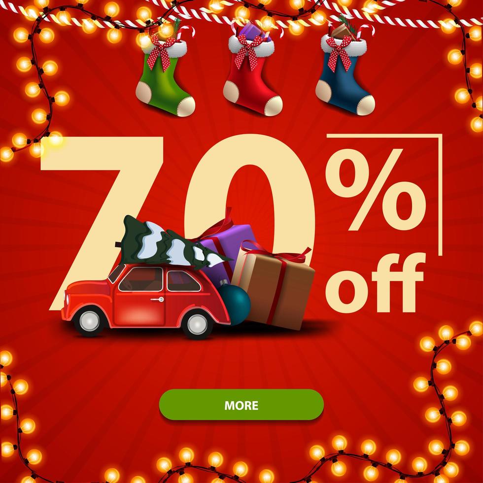 70 off, Christmas square red banner with large numbers, Christmas stockings and red vintage car carrying Christmas tree vector