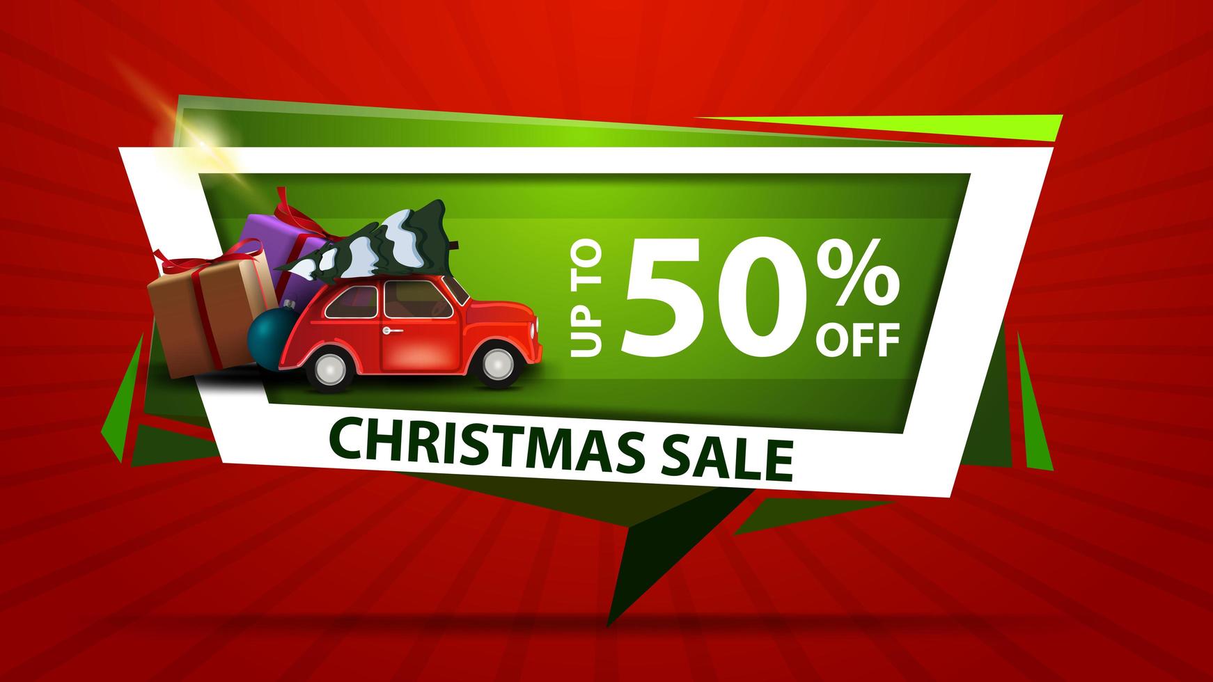 Christmas sale, up to 50 off, green discount banner in a geometric form with red vintage car carrying Christmas tree vector