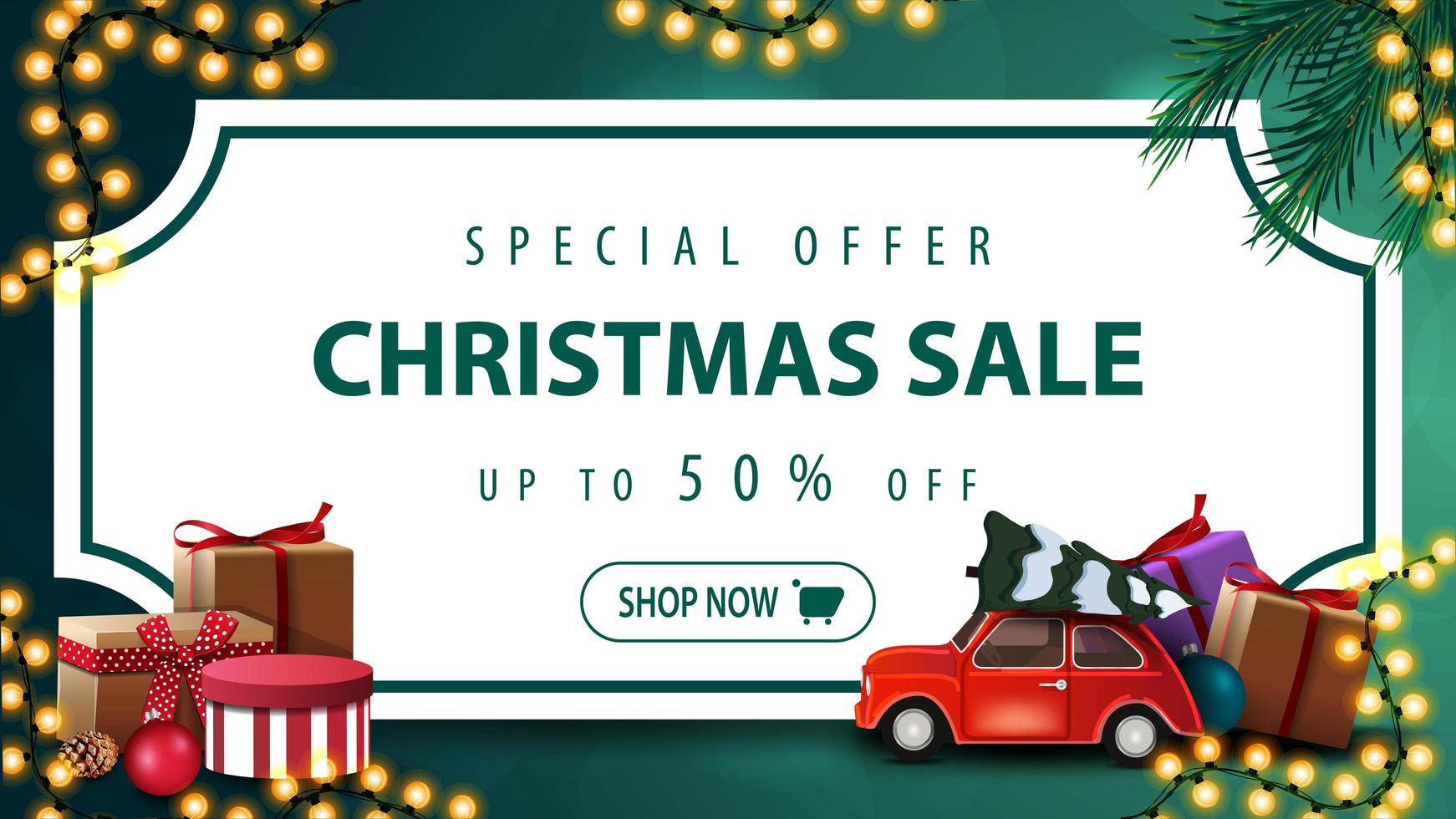 oferta especial, venta navideña, hasta 50 de descuento, banner de descuento verde con hoja de papel blanco en forma de boleto vintage, ramas de árboles de navidad, guirnaldas y un auto rojo de época con árbol de navidad vector