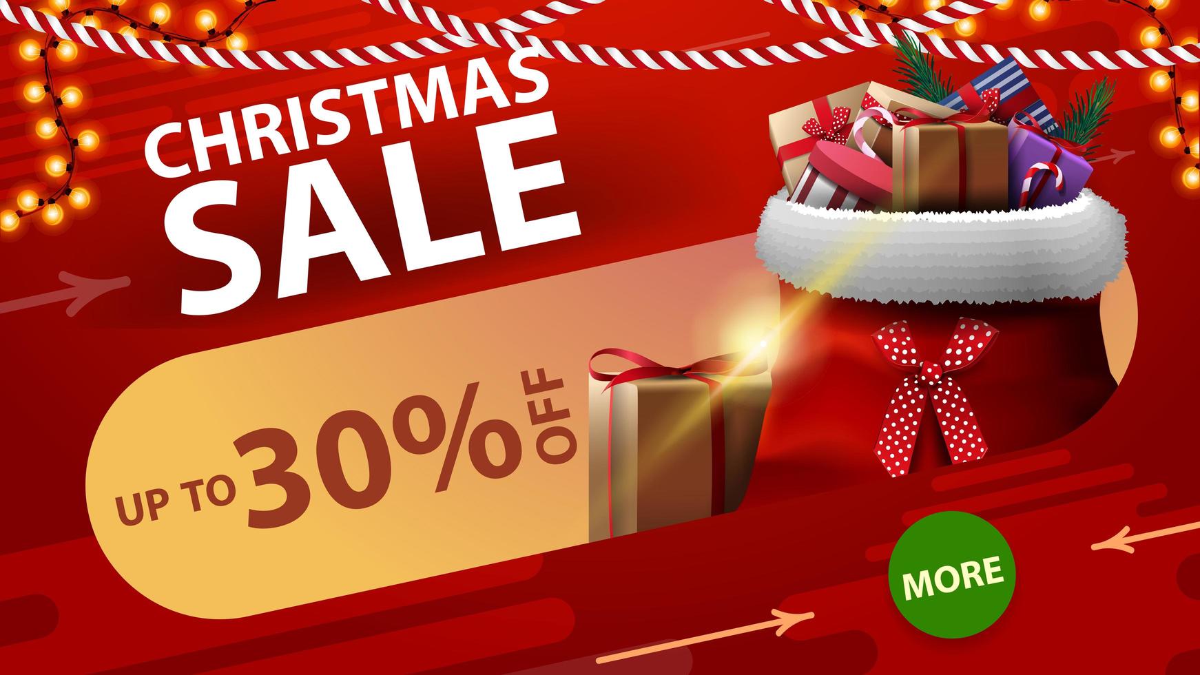 Christmas sale, up to 30 off, red discount banner with round green button, garlands and Santa Claus bag with presents vector