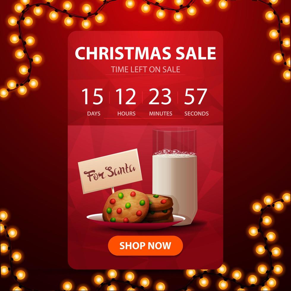 Christmas sale, red vertical discount banner with countdown timer to the end of discounts and cookies with a glass of milk for Santa Claus vector