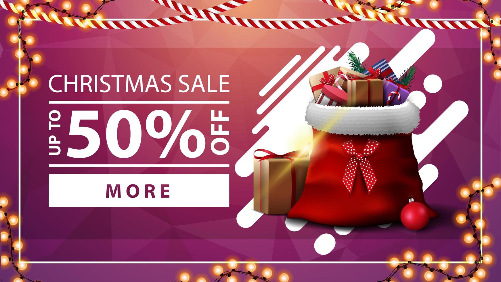 Christmas sale, up to 50 off, pink discount banner with garland, button and Santa Claus bag with presents vector