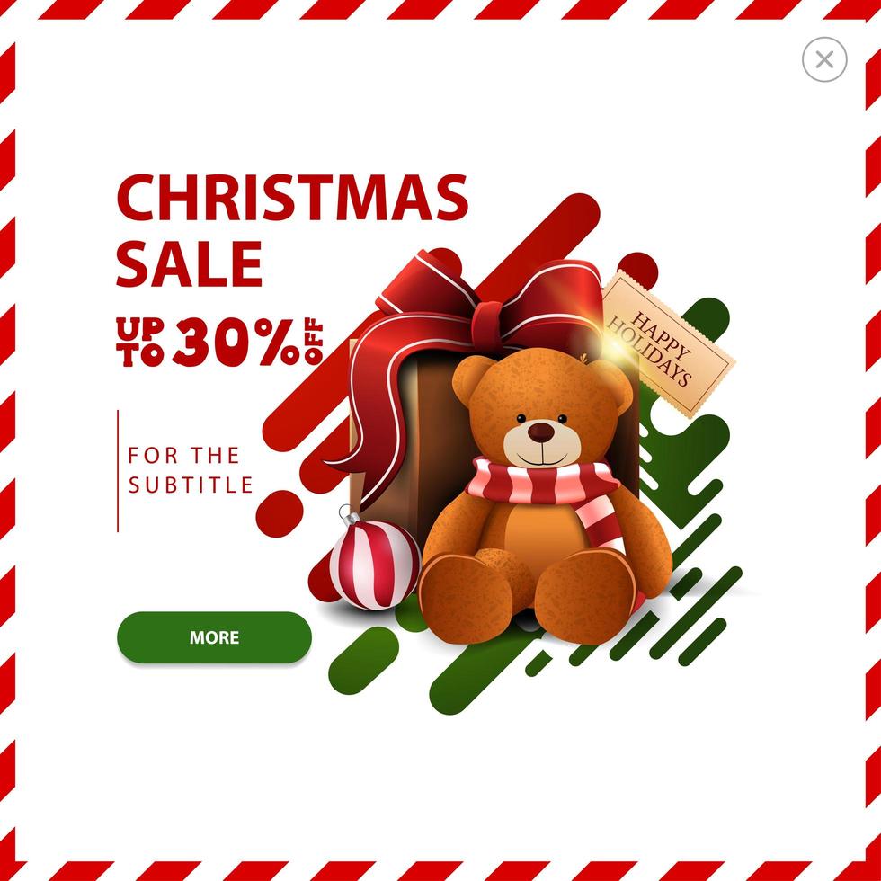 Christmas sale, up to 30 off, red and green discount pop up with abstract liquid shapes and present with Teddy bear vector