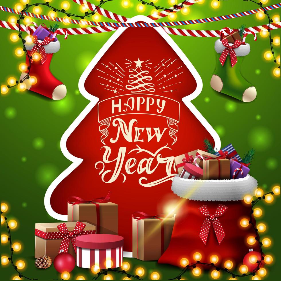 Happy New Year, red and green square greeting card with Christmas tree cut out of paper, Christmas stockings and red Santa Claus bag with presents vector