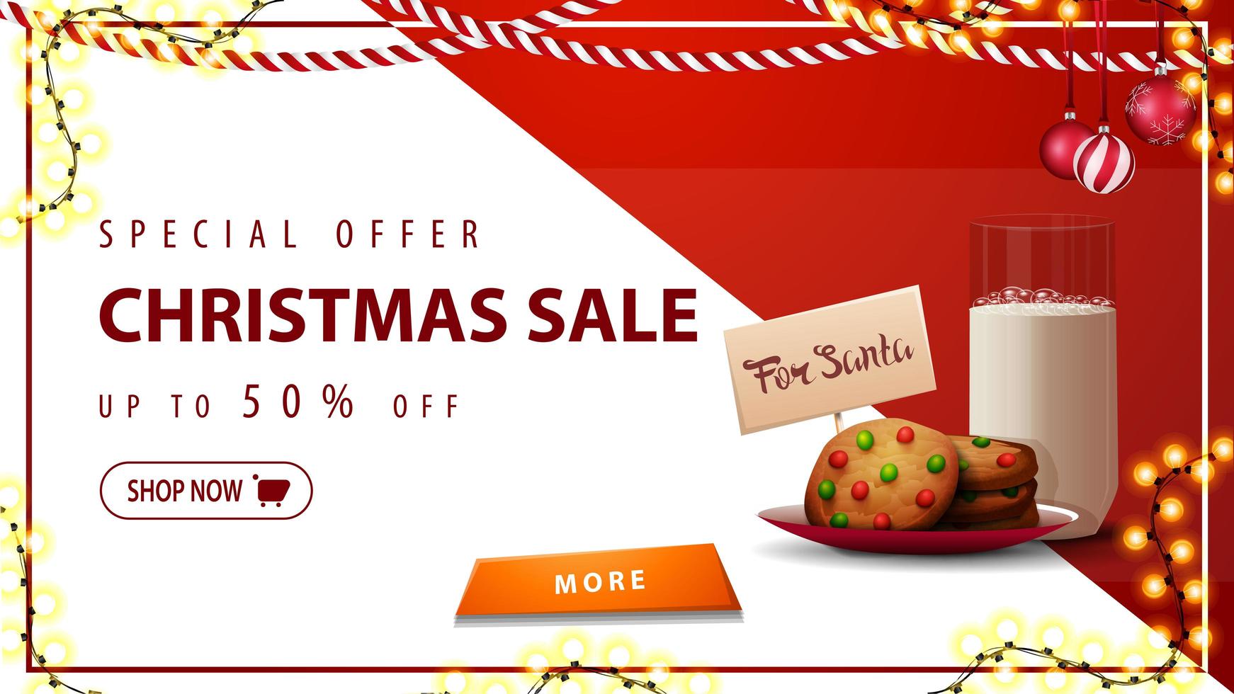 Special offer, Christmas sale, up to 50 off, horizontal white and red discount banner with garlands, button and cookies with a glass of milk for Santa Claus vector