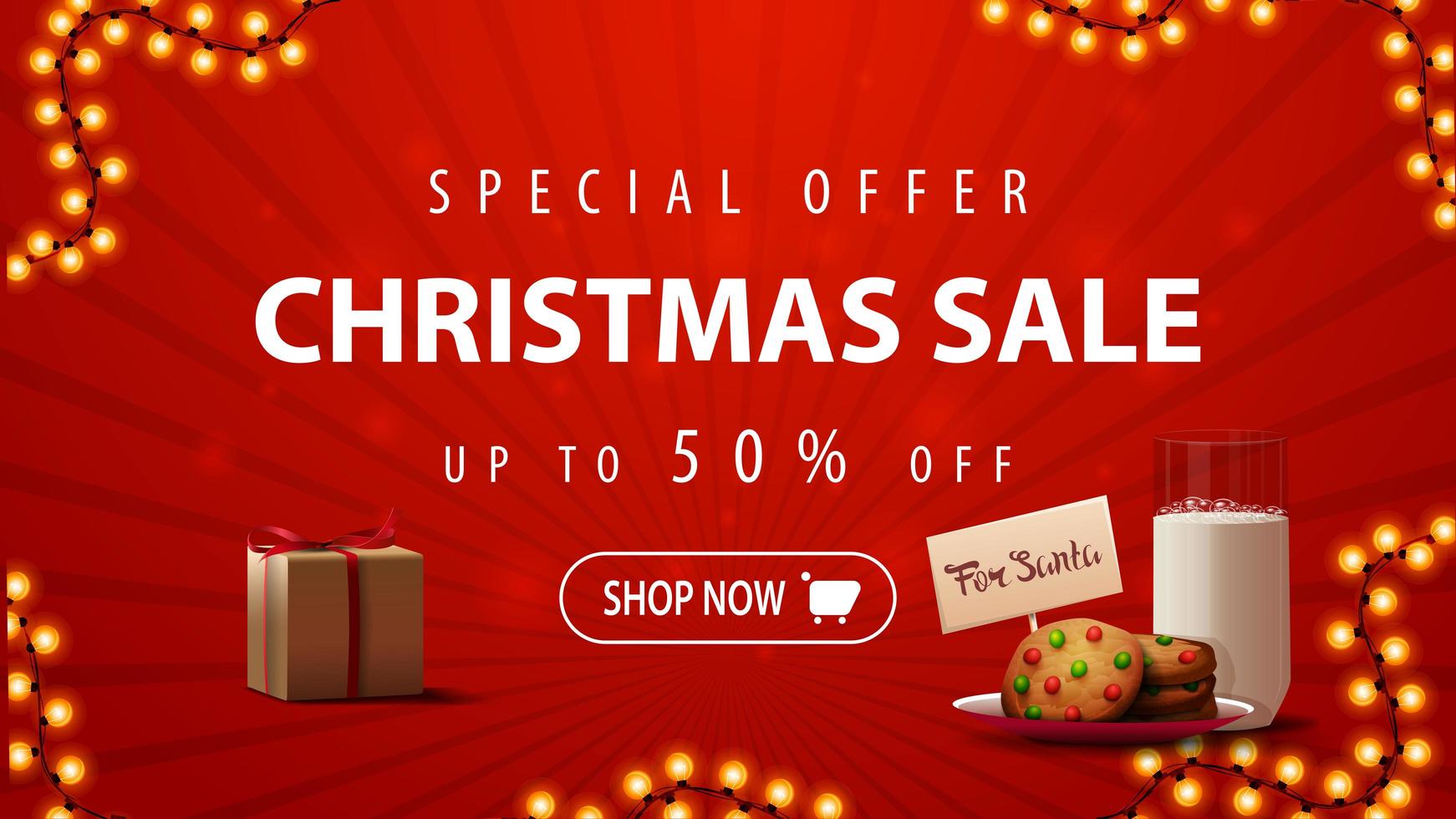 Special offer, Christmas sale, up to 50 off, red discount banner with garland, present and cookies with a glass of milk for Santa Claus vector