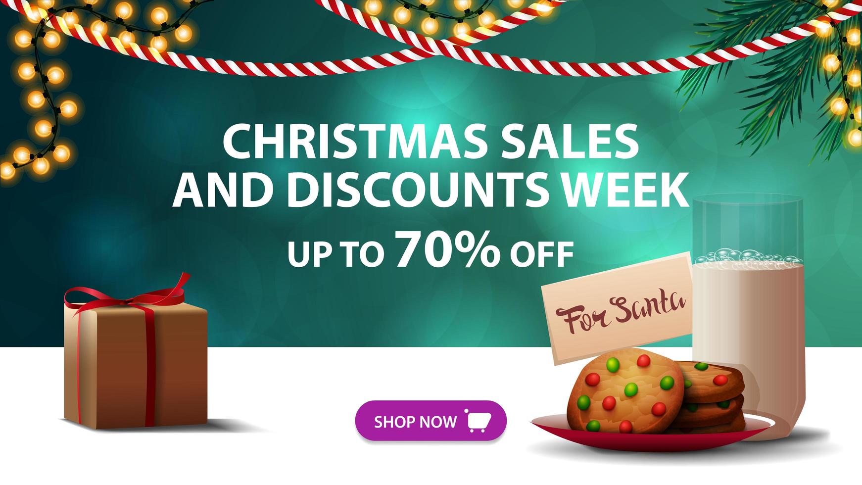 Christmas sales and discount week, up to 70 off, green discount banner with blurred background, garlands and cookies with a glass of milk for Santa Claus vector