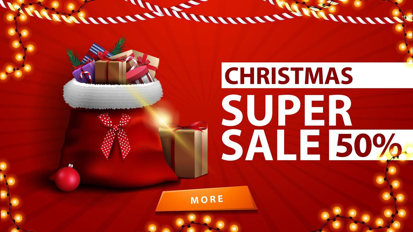 super venta de navidad, hasta 50 de descuento, banner de descuento rojo con bolsa de santa claus con regalos cerca de la pared vector