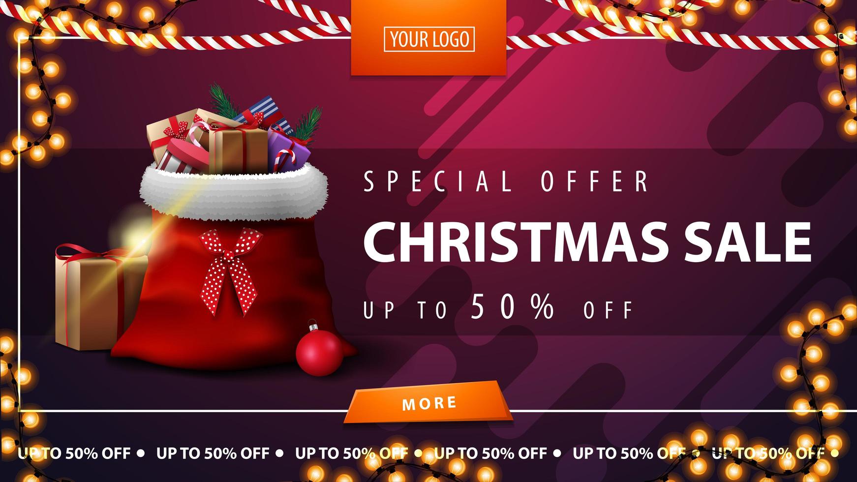 oferta especial, rebajas de navidad, hasta 50 de descuento, banner de descuento horizontal morado con botón, guirnalda de marco y bolsa de santa claus con regalos vector