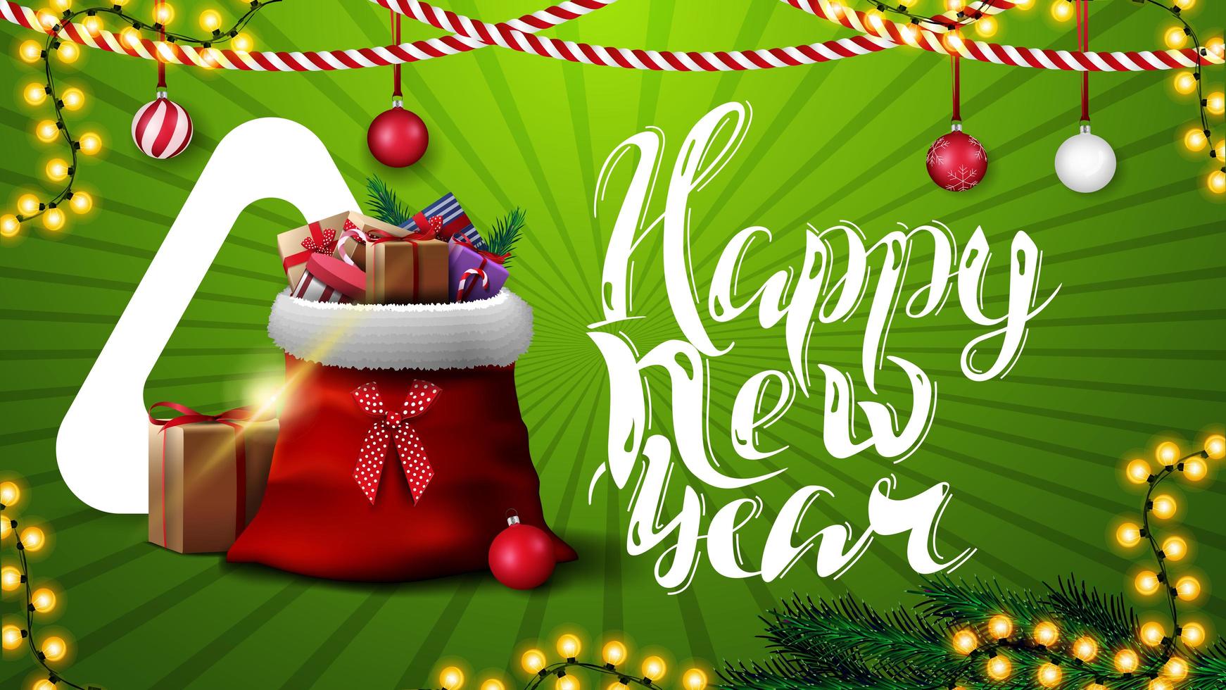 Feliz año nuevo, postal horizontal verde para sitio web con decoración navideña y bolsa de santa claus con regalos vector