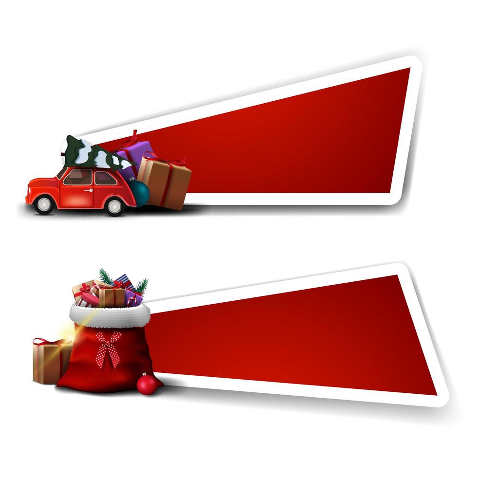 plantillas para descuento navideño, plantillas rojas con bolsa de santa claus con regalos y un coche vintage rojo con árbol de navidad vector