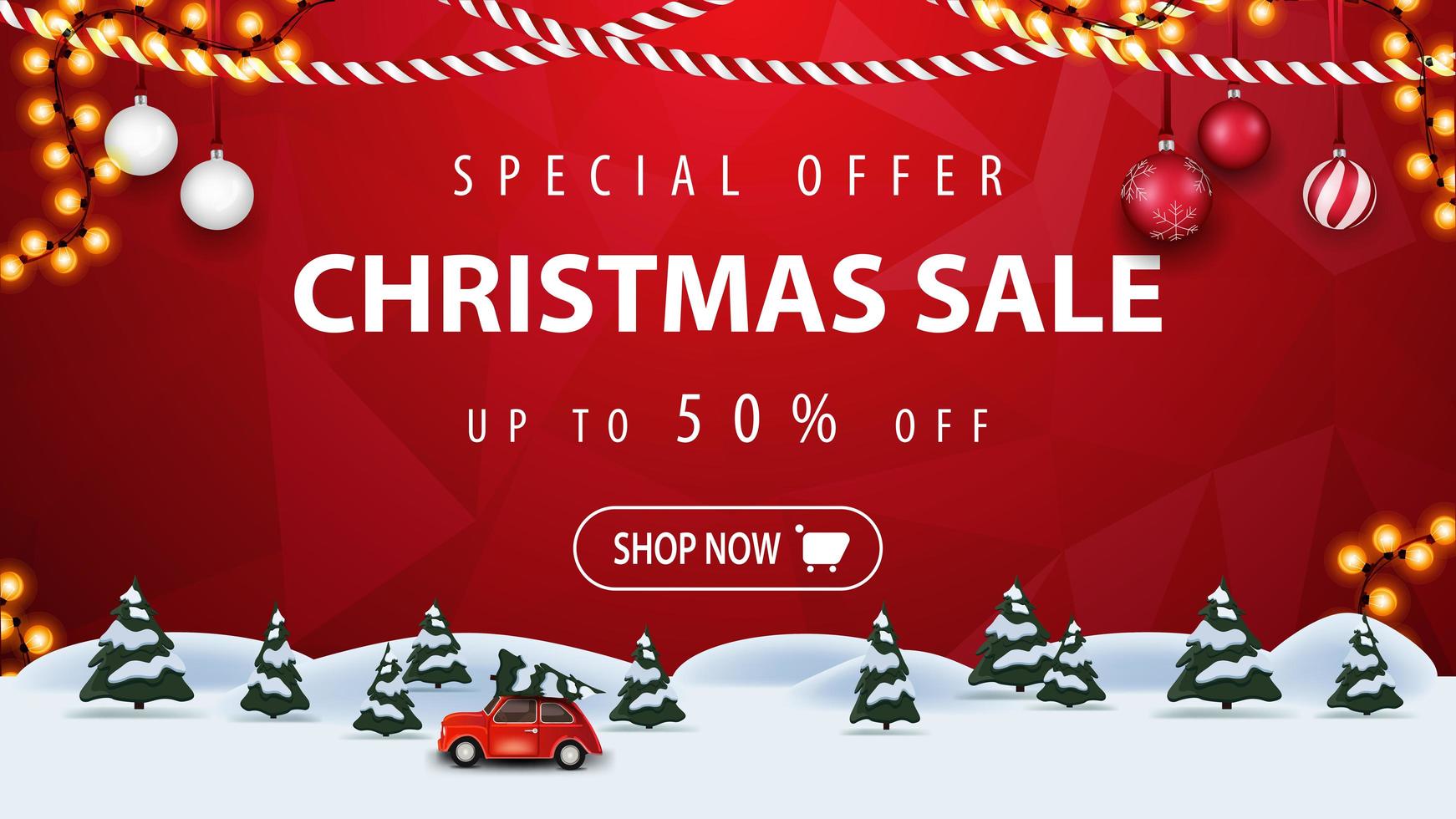 Special offer, Christmas sale, up to 50 off, red horizontal discount banner with button, frame garland, pine winter forest and red vintage car carrying Christmas tree. vector