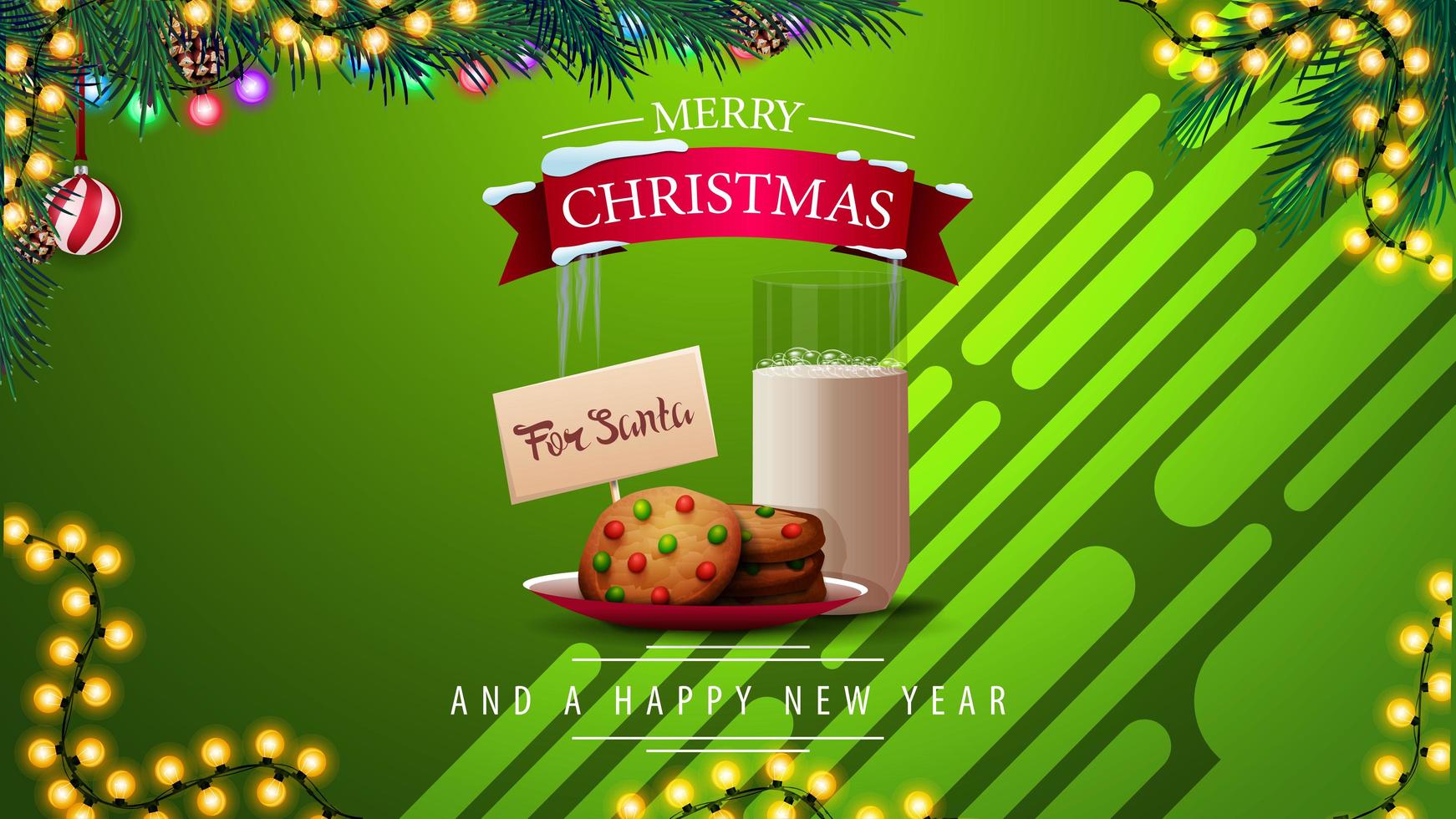 Green Christmas greeting card with cookies with a glass of milk for Santa Claus, garlands and Christmas tree vector