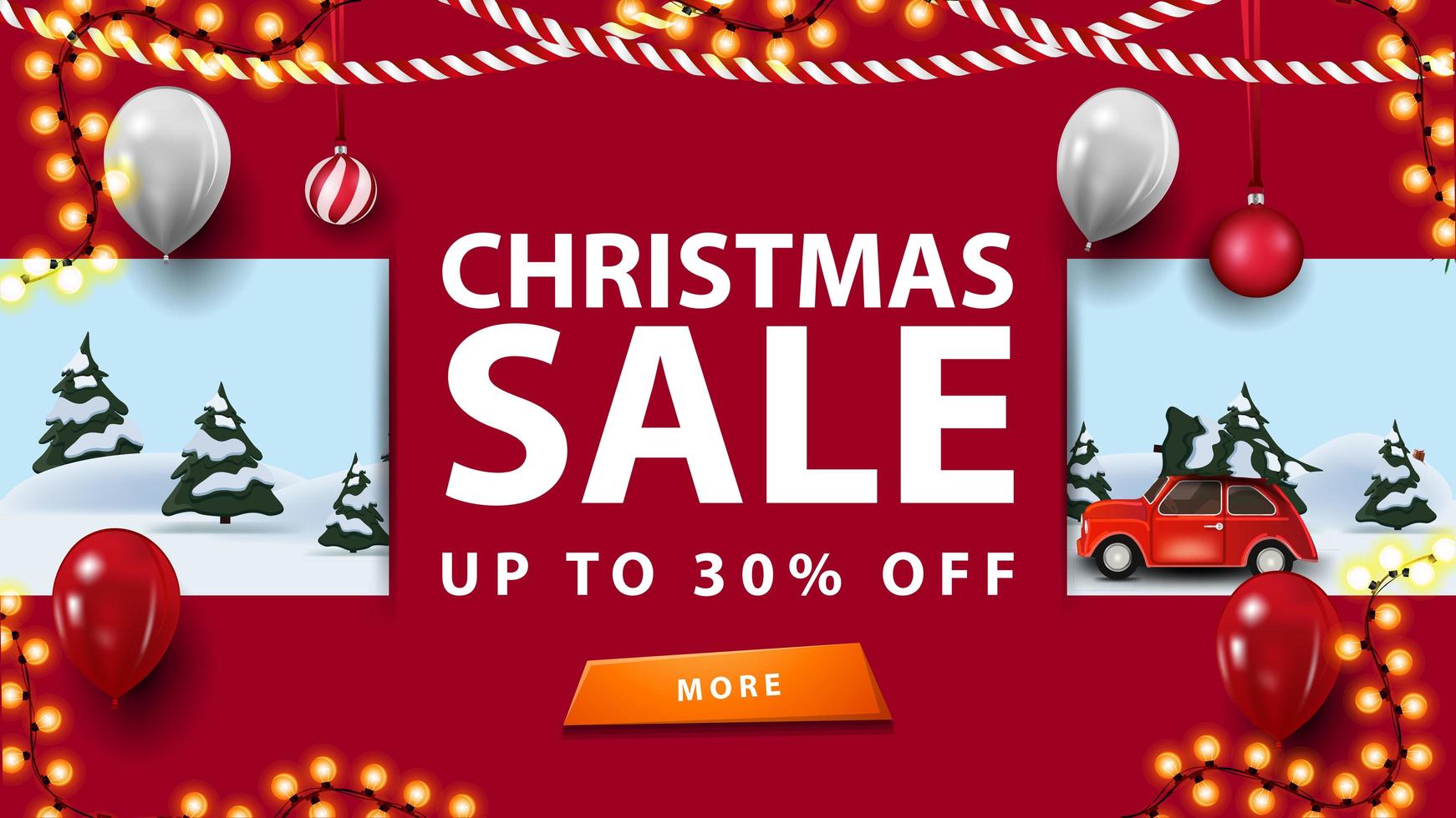 Christmas sale, up to 30 off, red discount banner with garlands, button and cartoon winter landscape vector