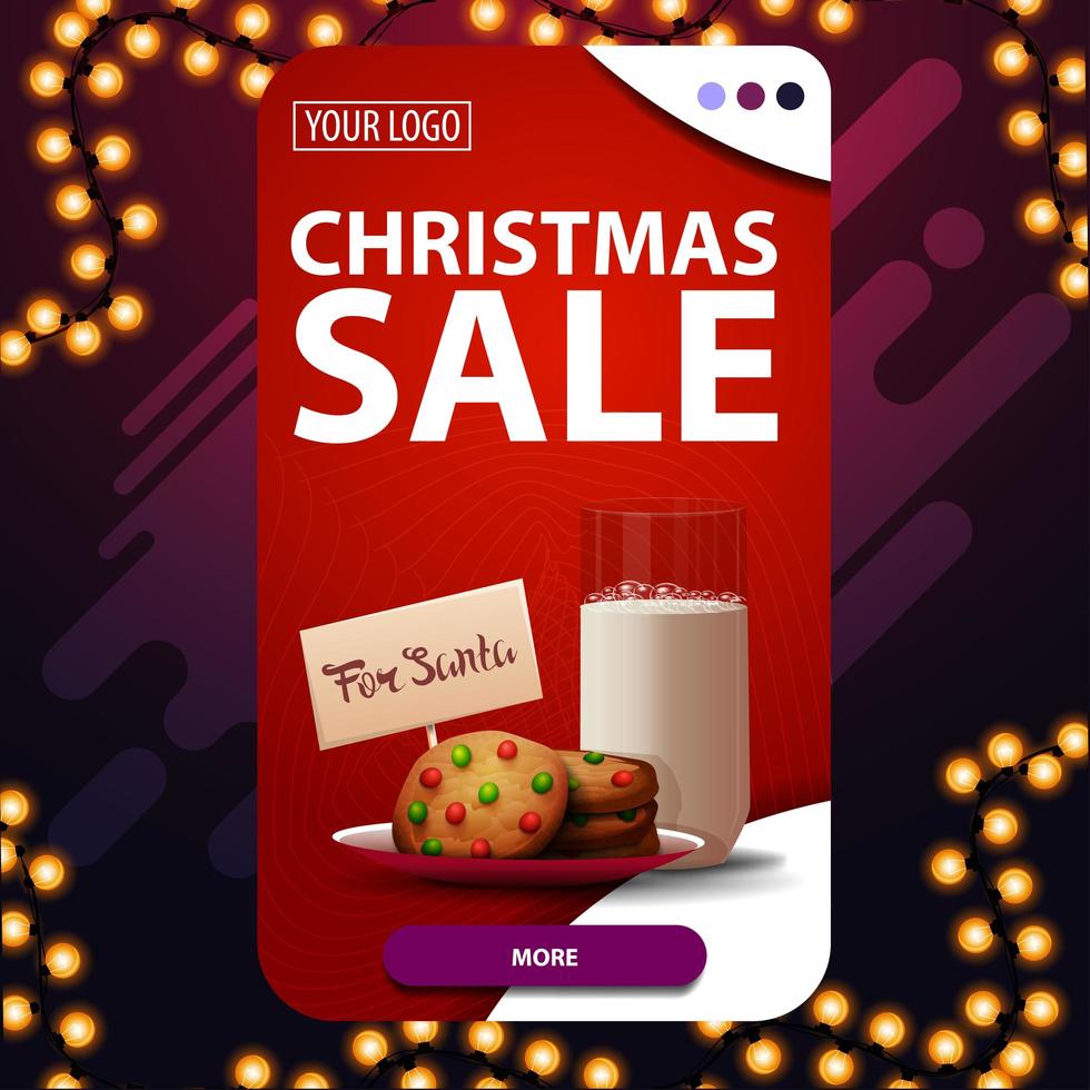 Venta de navidad, banner de descuento vertical rojo con botón y galletas con un vaso de leche para santa claus vector