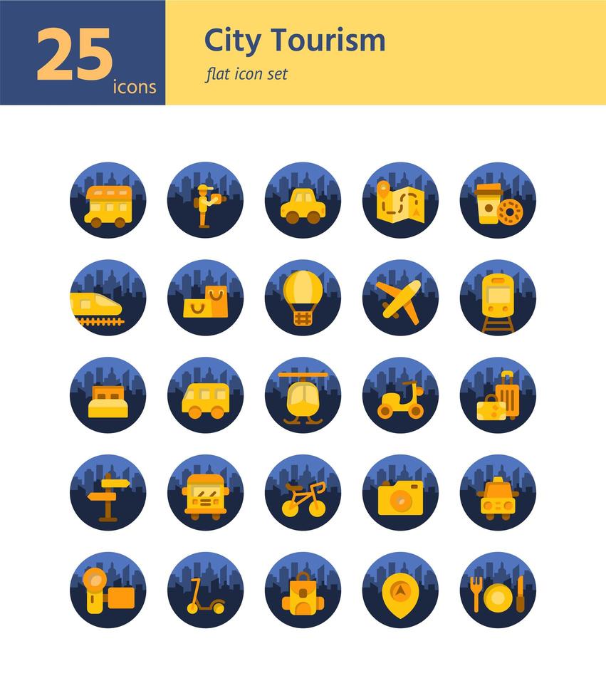 conjunto de iconos planos de turismo de la ciudad. vector e ilustración.