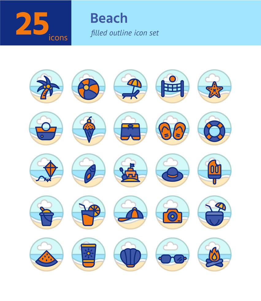 conjunto de iconos de contorno lleno de playa. vector e ilustración.