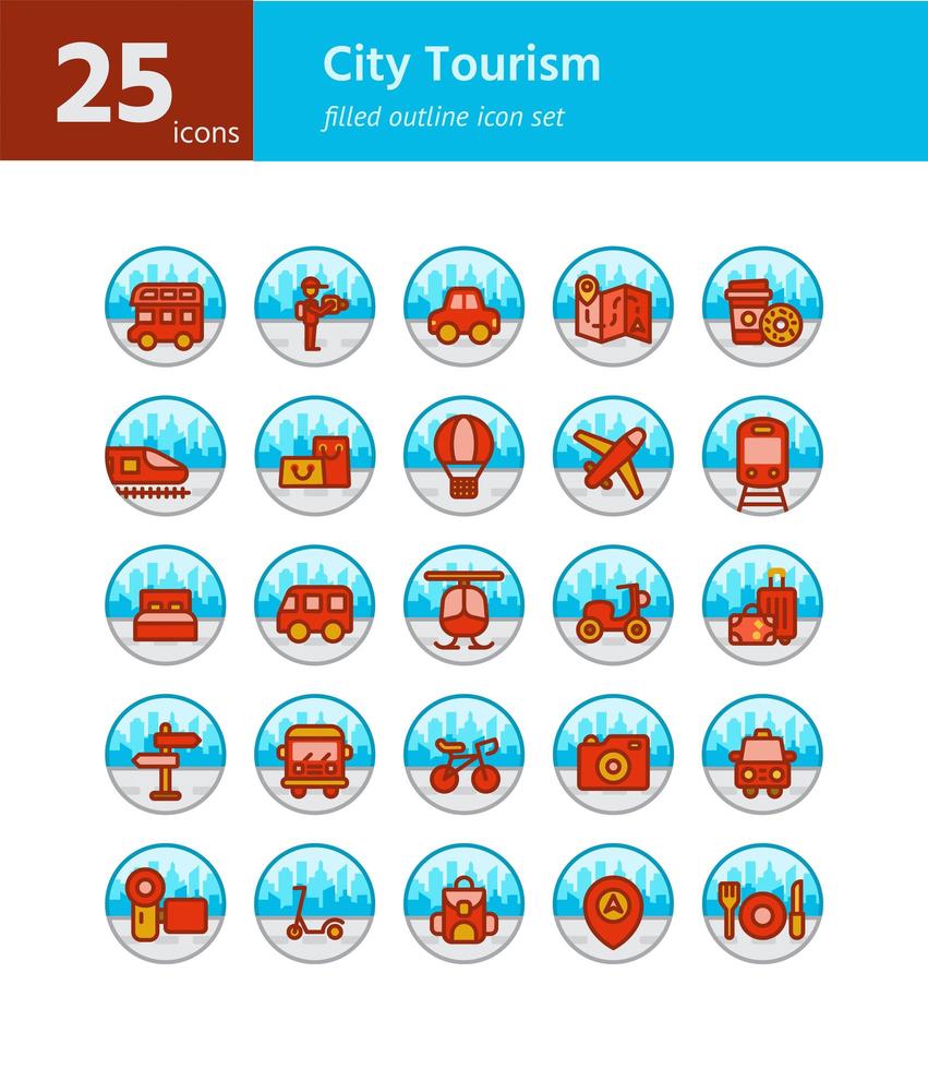 conjunto de iconos de contorno lleno de turismo de la ciudad. vector e ilustración.