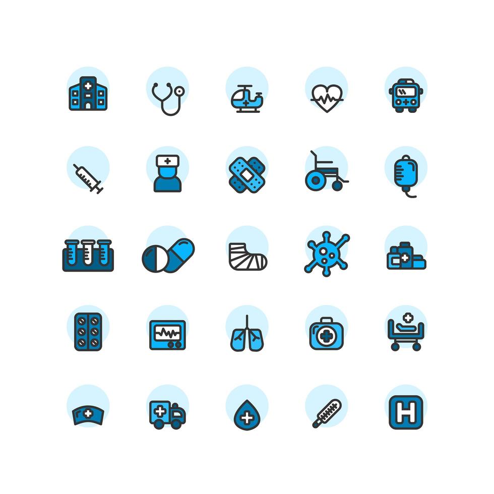 conjunto de iconos de contorno lleno de hospital. vector e ilustración.