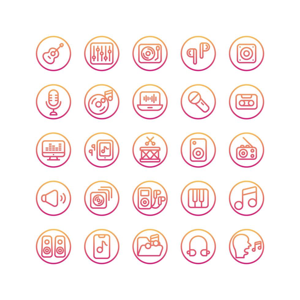 Music and Sound gradient icon set. Vector and Illustration.