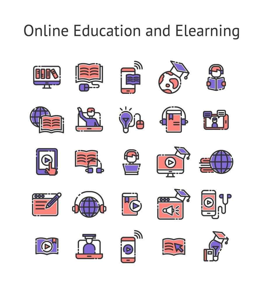 educación en línea y elearning lleno de conjunto de iconos de contorno. vector