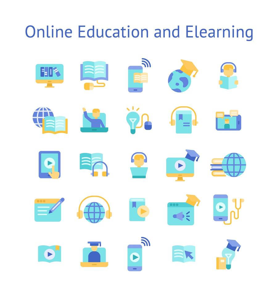 Online Education and Elearning flat icon set. vector